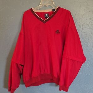 Pebble Beach Water Windproof Red V-Neck Pullover with Contrast Trim